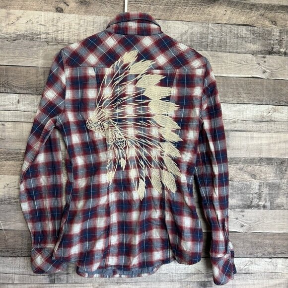 Rock & Roll Cowgirl Western Indian Pearl Snap Long Sleeve Plaid Shirt Sz Medium - Picture 2 of 10